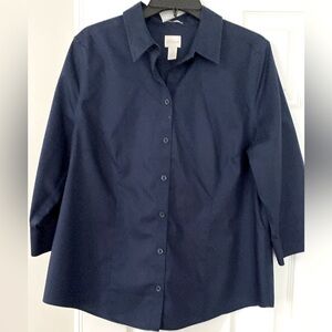 Chicos Classic Navy Blue Button Up Shirt. Size 2 (12-L). Great Detail EUC.